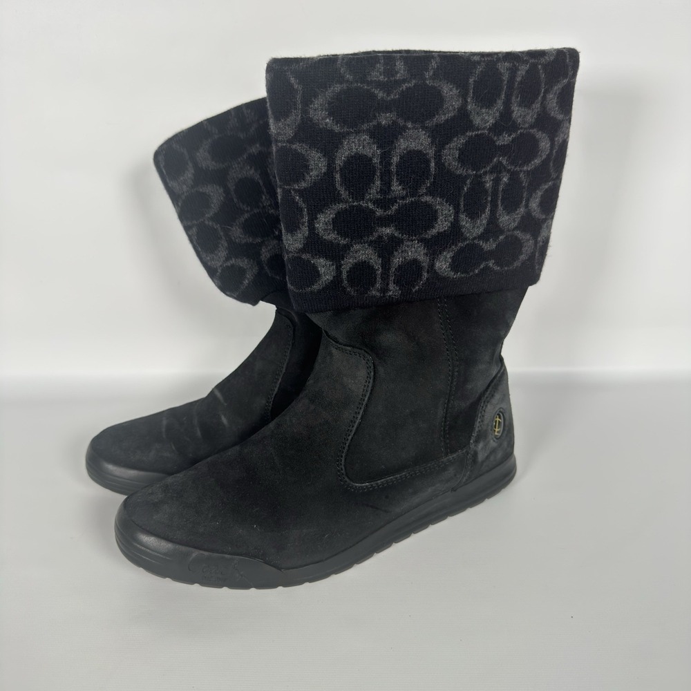 COACH Tatum Suede Boots Womens 8 M Black Signature Print Wool Cuff Q247